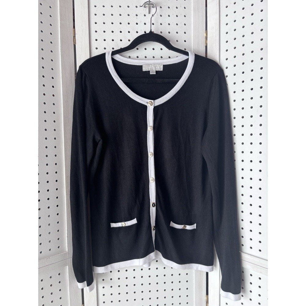Carolyn Taylor Women's M Rayon Blend Black White Gold Button‎ Cardigan Sweater